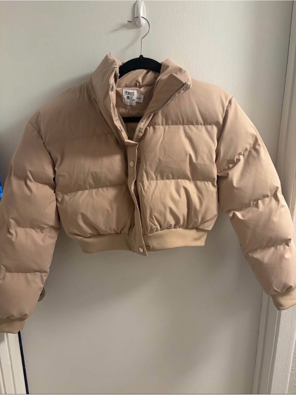 Princess Polly Cropped Puffer Jacket in Tan Beige